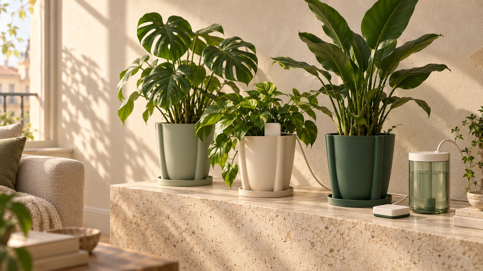 Concepto de un rincón de casa con plantas, macetas Mayra y sistema de riego